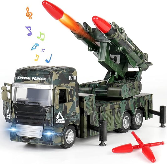 Military Toys for Boys, Army Vehicle Toys with Rotatable Turret, Missile Truck with Light & Sound, Pull Back Army Truck Gift for 3 4 5 6 7 8 Year Old Boys