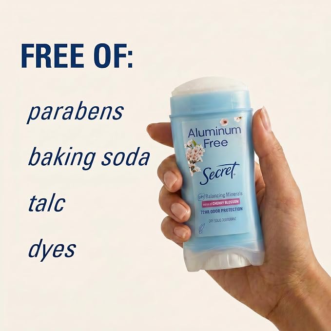 Secret Aluminum Free Deodorant for Women, 48hr Odor Protection, Free of Parabens Dyes Talc & Baking Soda, PH Balancing Minerals, Dry Solid, Cherry Blossom Scent, 2.4 oz (Pack Of 3)