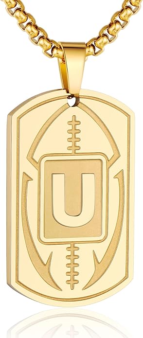 Initial A-Z Dog Tag Necklace for Men - Football Charm Pendant, Stainless Steel Chain 22+2 Inches, Personalized Sports Athletes Jewelry Gift
