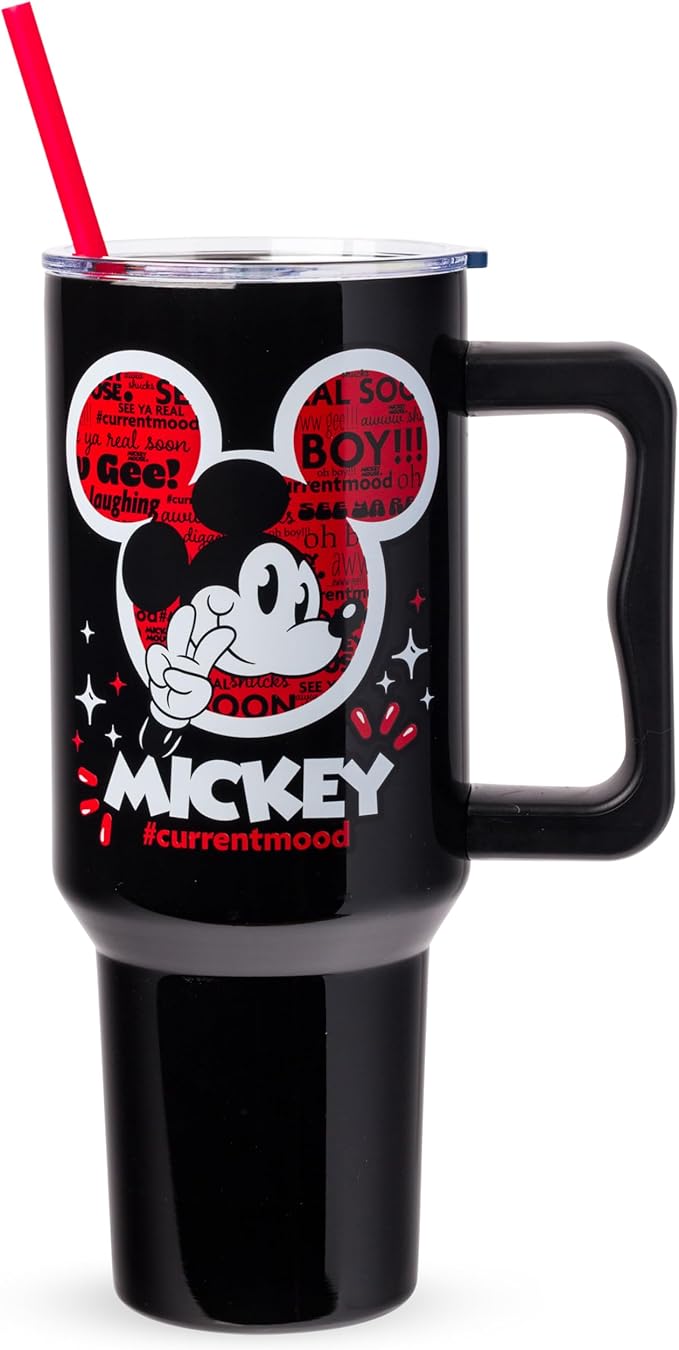 Silver Buffalo Disney Classic Mickey Mouse Hashtag Current Mood “#currentmood” Double Walled Stainless Steel Tumbler with Handle and Straw, Fits in Standard Cup Holder, 40 Ounces