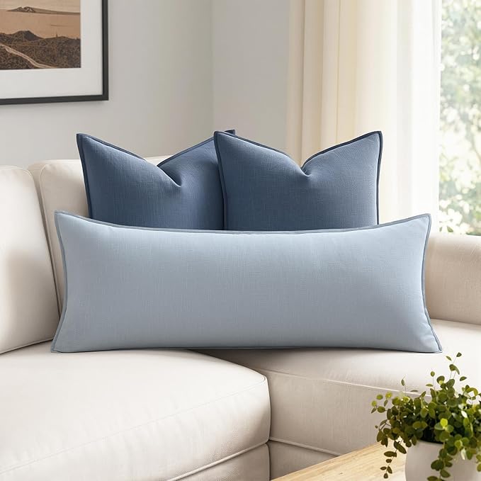 MIULEE Decorative Linen Lumbar Pillow Cover 14x36 Inch Light Blue | Boho Farmhouse Couch Long Throw Pillow for Bed, Pack of 1 Accent Coastal Modern Pillowcase, Sofa Livingroom Home Decor