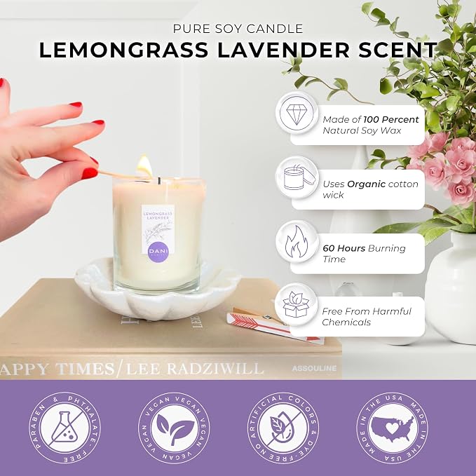 DANI Naturals Lemongrass Lavender 100% Soy Wax Candle, Non-Toxic, 7.5oz | Vegan,soy wax candle,Clean-burning with organic cotton wick,Calming lemongrass lavender scent,Made in USA