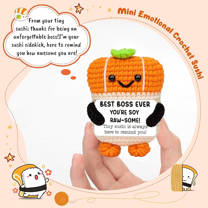 Mini Thank You Gifts for Boss -Bosses Day Gifts for Women, Men, Boss Lady, Supervisor, Manager- Handmade Crochet Sushi Appreciation Gift for Boss Day, Birthday, Christmas, White Elephant Ideas