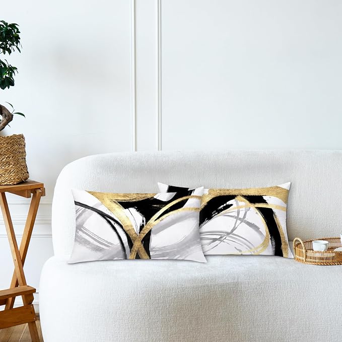Black White and Gold Pillow Covers, Abstract Black and Gold Pillow Covers 16x24 Set of 2, Modern Boho Home Decor, Black and Gold Decorative Throw Pillows Cover for Couch Living Room Bedroom