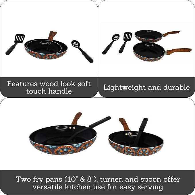 IMUSA 4 Piece 8 & 10 Inch Talavera Aluminum Black Ceramic Fry Pan Set | Nonstick Ceramic Surface, Soft-Touch Handles, Includes 8 Inch and 10 Inch Fry Pans, Great for Daily Use