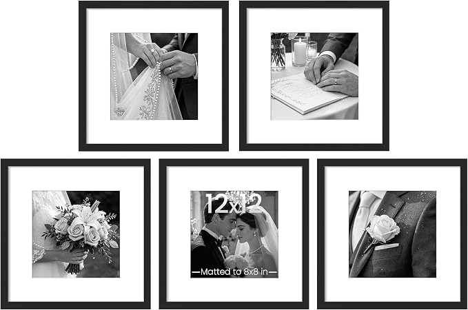 upsimples 12x12 Picture Frame Set of 5, Display Pictures 8x8 with Mat or 12x12 Without, Wall Gallery Poster Frames, Black