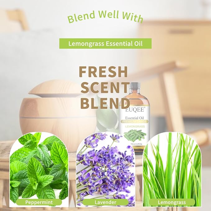 EUQEE Lemongrass Essential Oil 118ml Premium Lemongrass Oil with Glass Dropper, Great for Diffuser, Candle Making - 4Fl. Oz