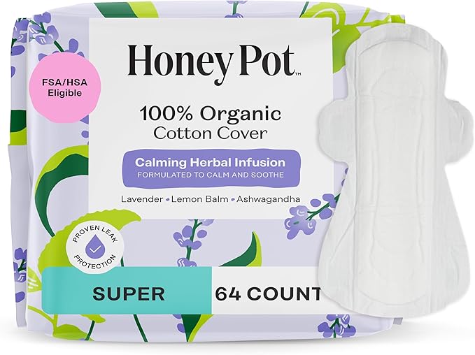 Honey Pot - Calming Herbal Super Sanitary Pads for Women - 100% Organic Cotton Top Sheet - Feminine Care - Non Cooling - Calming Herbs of Lavender, Ashwagandha, & Lemon Balm - 64ct