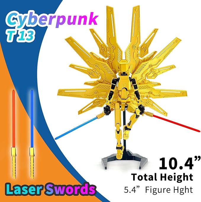 T13 Titan 13 Action Figure Already Assembled, Cyberpunk Futuristic Mecha 3D Printed Action Figure Set Robo 13, Lucky 13, Gift for Dummy Collectors Desktop Decorations (Gold)