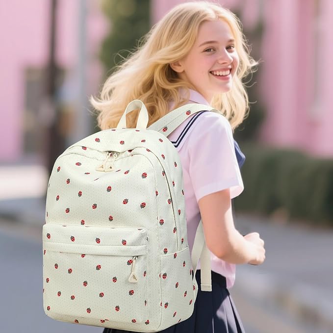 Bluboon Teen Girls School Backpack Kids Bookbag Set with Lunch Box Pencil Case Travel Laptop Backpack Casual Daypacks (Strawberry beige base)