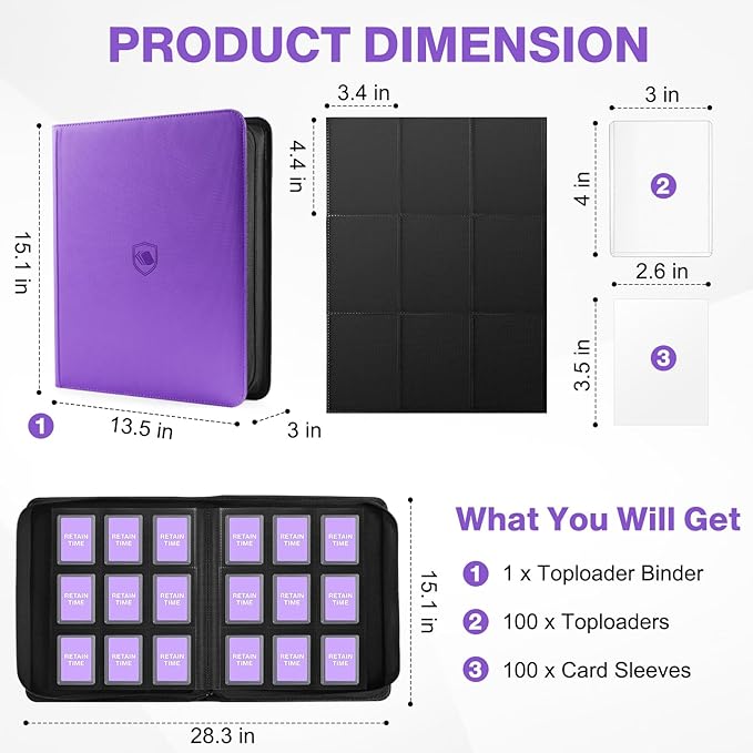 Toploader Binder, Holds 360 Toploaders, 100 Toploaders INCLUDED, 9-Pocket PU Cover Top Loader Binder for 3" x 4" Rigid Toploader, Ringless Double-Sided Toploader Card Binder for TCG, Sport Cards