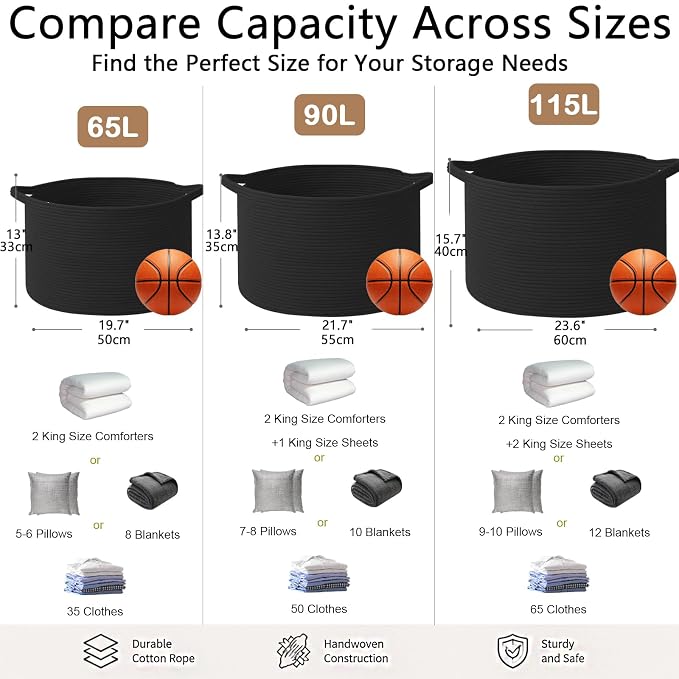 115L Extra Large Blanket Basket,Woven Rope Laundry Basket-Black | Collapsible, reinforced handles, nursery storage bin organizes clothes, toys and pillows for living room, bedroom bathroom