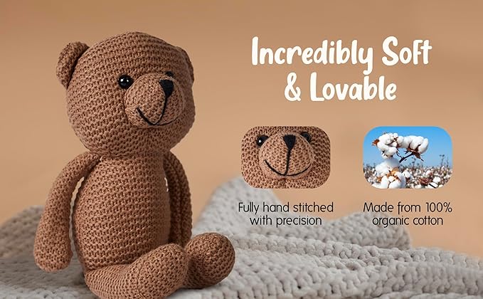 Teddy Bear, Cute, Knitted, 10" Stuffed Animal, Cotton Plush, Vintage, Brown, Unisex, 0+