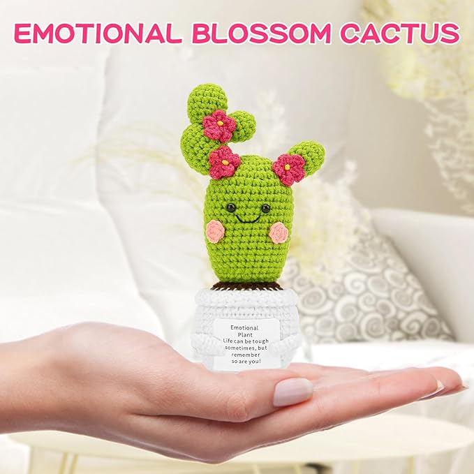 Hoedia Handmade Emotional Pickle Gift, Emotional Cucumber Crochet Doll Inspirational Gifts with Cards, Cute Knitted Funny Support Pickle Potato Friend Birthday (Blossom Cactus)