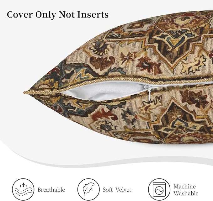 Terracotta Gold Vintage Velvet Pillow Covers 16x16 Inch Tan Brown Khaki Bohemian Tapestry Carpet Throw Pillows for Couch Soft Cushion Covers Pillowcase Aztec Boho Rug Pillow Cases for Bed Living Room