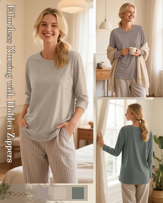 3 Pack Nursing Tops for Breastfeeding Maternity Shirts Zipper Long Sleeve Round Neck Knit Casual Nursing Clothes
