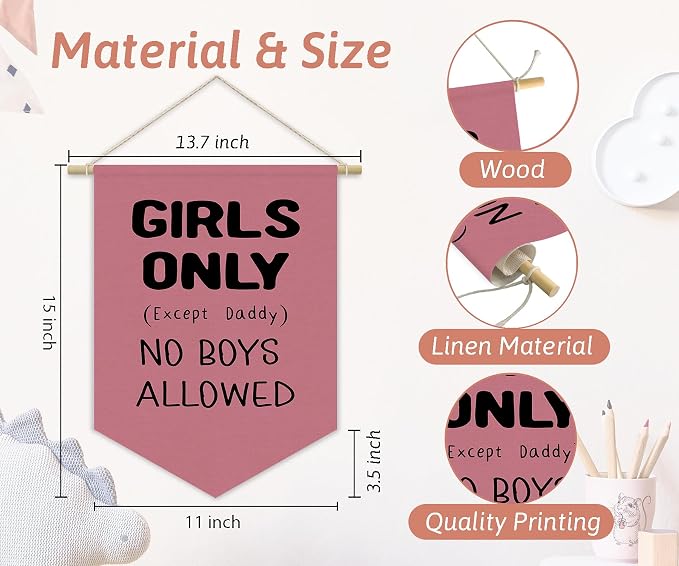 Girls Room Sign Decor Banner,Girls Only No Boys Allowed Door Sign Pennant Flag,Pink Cute Wall Decor for Teen Girls Bedroom Playroom Toddler Little Girl Stuff Wall Hanging Linen Banner 15x11 Inch