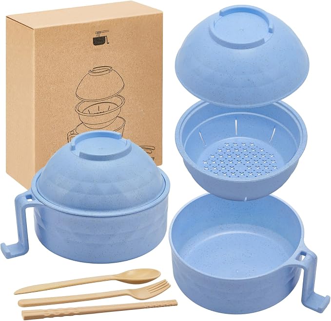 1 Set Microwave Ramen Cooker 40oz Wheat Straw Microwave Noodle Bowl Set with Chopsticks, Spoon, Fork, College Dorm Office Apartment Essentials (Light Blue)