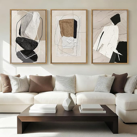 ANHUIB Large Neutral Abstract Wall Art Canvas,Black Beige Artwork, Modern Textured Framed Wall Art, Minimalist Geometric Painting,16x24 Inches Set of 3 for Living Room Bedroom