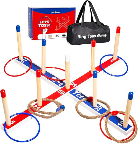 Indoor Outdoor Toys Games Upgraded Large Wooden Ring Toss Game Yard Games for Kids, Lawn Outdoor Games for Family with 10 Plastic Ring and 10 Ropes,1 Carry Bag
