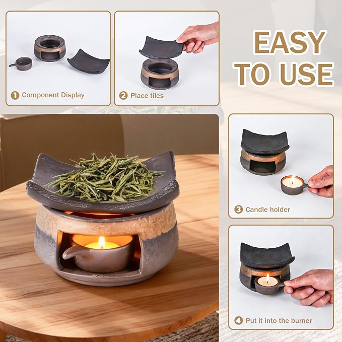 Handmade Ceramic Aromatherapy Diffuser,Herb Burner & Candle Wax Warmer with Tealight Holder, Home Fragrance Accessories for Relaxation & Meditation-A