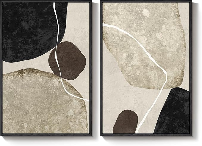 Large Framed Neutral Black Brown Abstract Wall Art for Living Room, 24x36 | 2 Piece, Canvas prints, Black beige brown paintings, Modern minimalist artwork, Stone pictures, Dining bedroom wall decor