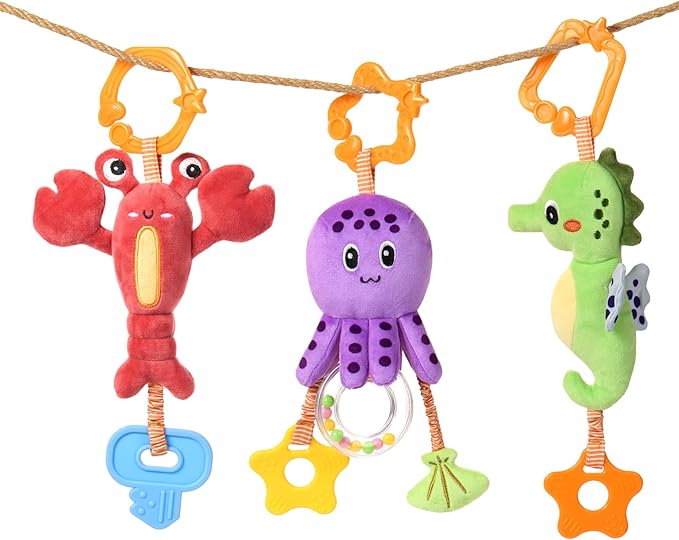 TUMAMA Baby Toys 0 3 6 12 Months, Hanging Stroller Toys Soft Marine Animal Crib Car Seat Toys, Crinkle Infant Rattles with Teether Squeaky Sensory Developmental Toy for Newborn