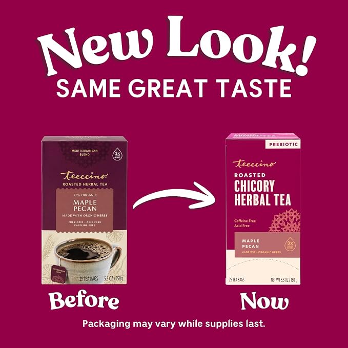 Teeccino Maple Pecan Herbal Tea - Rich & Roasted Herbal Tea That’s Caffeine Free & Prebiotic for Natural Energy, Coffee Alternative, 25 Count
