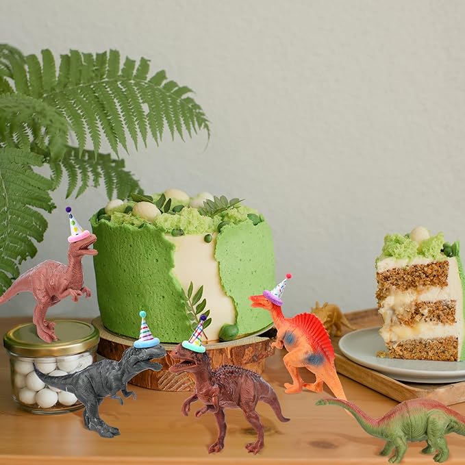 18 Pcs Dinosaur Birthday Party Decorations Mini Birthday Hat Animal Figure Model Cake Toppers with Mini Hat for Wild Animals Themed Party Birthday Party