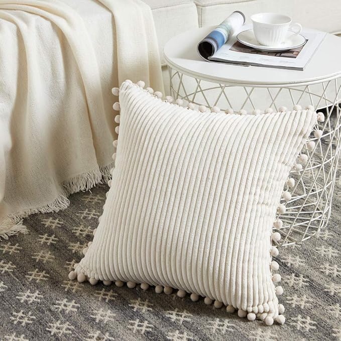 Fancy Homi Set of 2 Cream Decorative Throw Pillow Covers 12x12 Inch with Pom-poms for Couch Bed Sofa, Modern Farmhouse Boho Home Decor, Soft Plush Corduroy Cute Cushion Case 30x30 cm