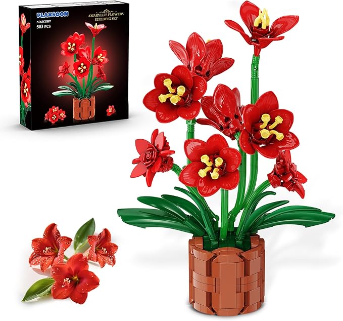 Amaryllis Flowers Bonsai Building Set, Botanical Collection Building Block, Artificial Plant Kit Home Decor, 503 PCS Flower Bouquet Bonsai for Her Adults Kids Boys Girls 12+