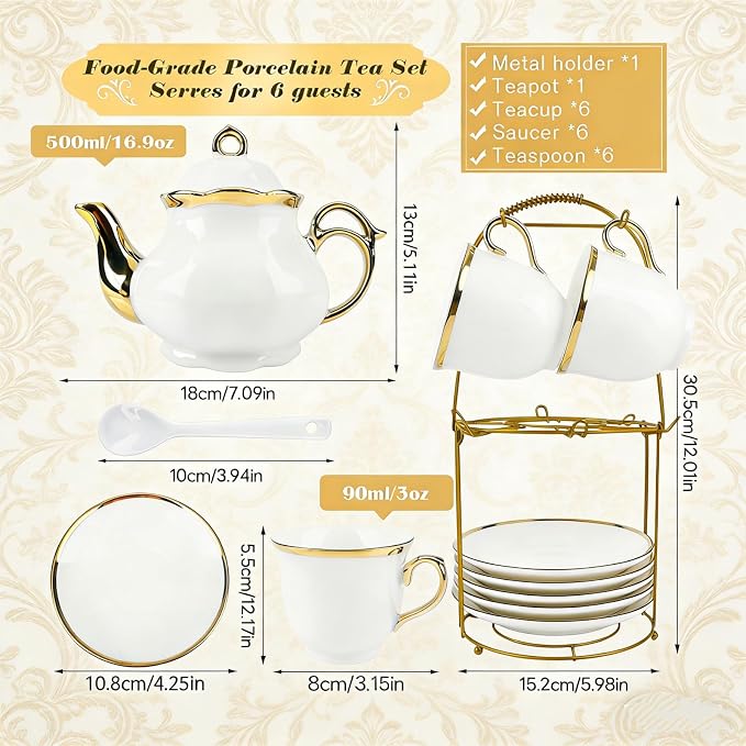 20-Piece Porcelain Tea Sets for Adults, British Style Tea Party Sets for 6 Adults, Includes Tea Cups and Saucers, Teapot, Spoons & Metal Rack, Elegant Ceramic Tea Set for Women, Wedding & Home Decor
