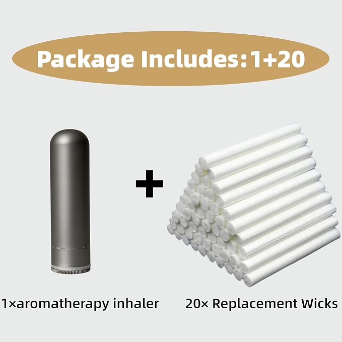 OiwMuOcki Essential Oil Nasal Inhaler - Eco-Friendly Reusable Aluminum Alloy Aromatherapy Inhaler, Leak-Proof Refillable for Sinus Relief with 20 Cotton Wicks (Gray)