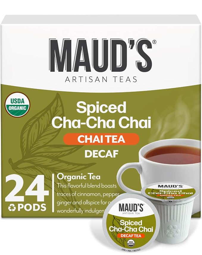Maud's Organic Decaf Chai Tea Pods, 24 ct, Single Serve Tea Pods – 100% Gourmet Blended Tea Leaves, Compatible with Keurig K Cups Maker