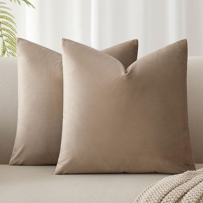 JUSPURBET 16x16 Decorative Velvet Throw Pillow Covers Cases Set of 2,Stone | Modern Soft Cushion Covers with Hidden Zipper for Couch Sofa Bed Living Room Bedroom Home Decor