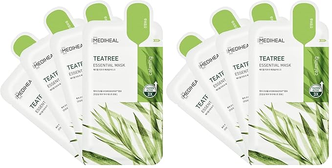 Mediheal Official Best Korean Sheet Mask - Tea Tree Essential Face Mask 4 Sheets Skin Soothing Treat Blemishes Sebum Control For All Skin Types (Pack of 2)