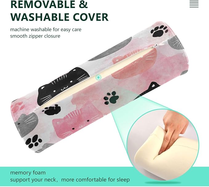 Cat Faces and Paw Print Neck Roll Pillow Bolster Round Health Memory Foam Long Cervical Cylinder Pillows with Removable Washable Cover for Body Bed Legs Back Yoga