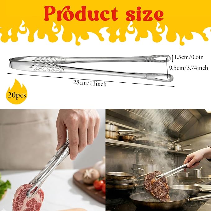 20 Pcs 11 Inch Kitchen Tongs, Stainless Steel Korean BBQ Grill Tongs Japanese Barbecue Tong for Cooking Serving Tong Portable Kitchenware for Steak Salad Food, Baking, Food Plating, BBQ