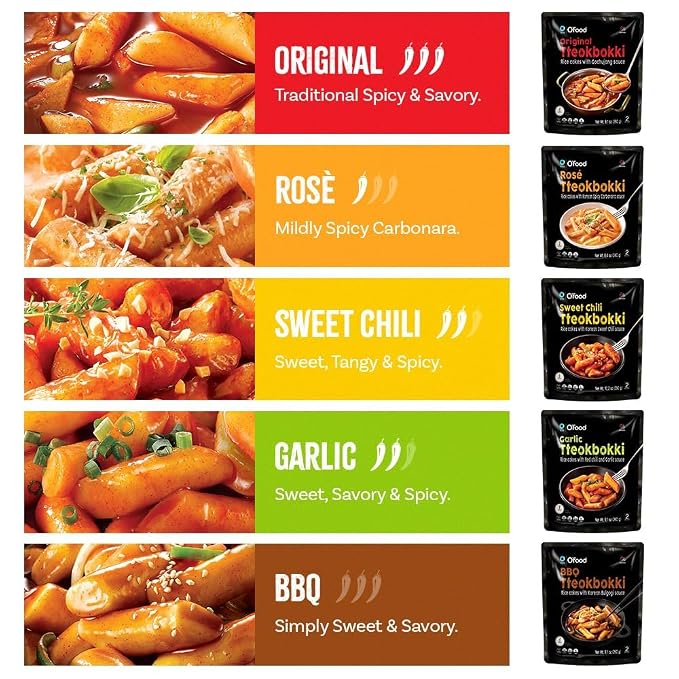 O’Food Tteokbokki Korean Rice Cakes – [Sweet Chili | Pack of 2] – Gluten-Free (Except BBQ), Healthy/ Savory/ Bold/ Fiery, 0 Cholesterol/ 0 Trans Fat/ No MSG/ No Corn Syrup, Spicy Street Snack, Ready in Minutes