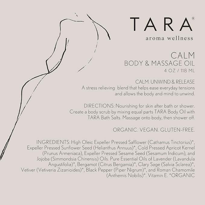 TARA Spa Therapy Calm Body & Massage Oil – Premium Organic Oil for Stress Relief & Relaxation, 100% Pure Essential Oils, Lavender, Mandarin & Chamomile, 4 oz