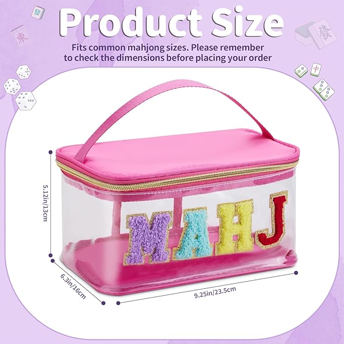 Handheld Mahjong Tile Bag, PVC Clear Mahjong Bag for 166 American Mahjong Tiles, Waterproof Mah Jong Case with Zipper & Lettters for Game Lover Gift Travel, Case Only(Hot Pink)