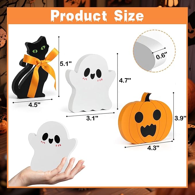 Cute Halloween Ghost Decor-Cute Halloween Tiered Tray Decorations Indoor, Ghost Wooden Decor Black Cat Pumpkin Blocks Signs (Set of 3) for Home Shelf Mantel Tabletop Windowsill Party