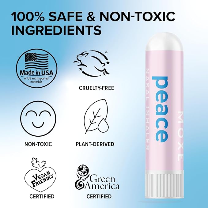 MOXE Peace Nasal Inhaler, Calming Essential Oil Blend, Helps Relaxation and Meditation, Soothing Fragrance, Bergamot, Mandarin, Geranium, Lime, Made in USA (1 Pack)
