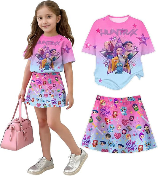 HTHLVMD K Pop Short Sleeve T-Shirt and Skirts Outfits Set for Girls Hunters Rumi Mira Zoey Graphic Tees De-Mon Costume