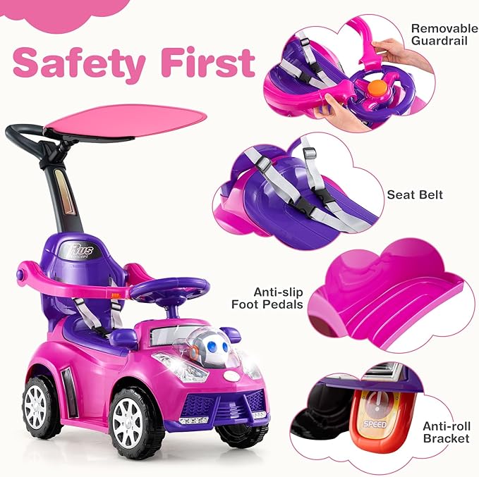 Costzon Push Car for Toddlers, 3 in 1 Stroller Sliding Walking Car with Handle, Canopy, Seat Belt, Horn, Music & Lights, Under-Seat Storage, Guardrail, Foot-to-Floor Ride On Toy for Boys Girls (Pink)