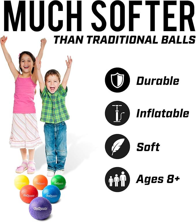GoSports Inflatable Dodgeballs - Choose 5 Inch or 7 Inch No Sting Balls - Set of 6 Includes Ball Pump & Mesh Bag