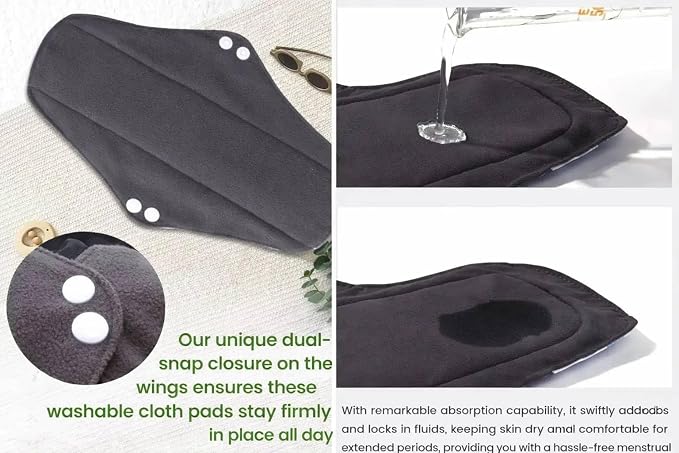 LUCKYPADS Reusable Menstrual Pads, 10 Pcs Washable Cloth Sanitary Pads & Panty Liners for Women with Wet Bag & Laundry Bag, Super Absorbent, 3 Sizes (7.9”/10”/13.7”) for Light to Overnight Flow