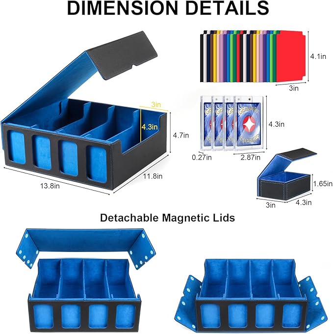 GEAoffice Trading Card Storage Box with Commander Display, 3200+ Card Deck Case with Magnetic Removable Lid, 4-Row Deck Box for MTG/TCG/Sports/Games, 10 Stoppers, 24 Dividers, 1 Dice Tray, Black Blue