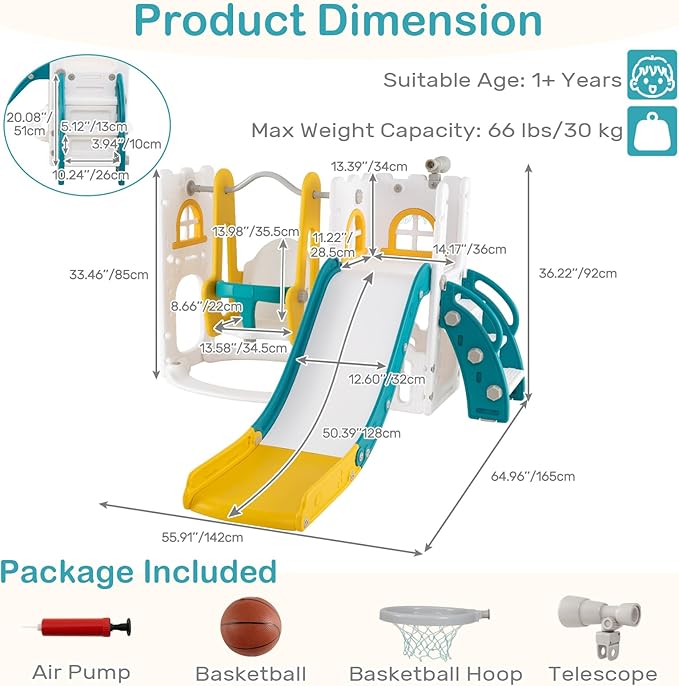 OLAKIDS Toddler Slide and Swing Set, 7 in 1 Kids Indoor Outdoor Playground with Climber Basketball Hoop Telescope Toy Storage for Boys Girls Aged 1+ (Yellow)