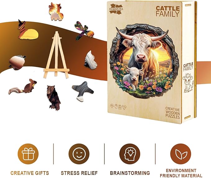 Wooden Puzzles for Adults - Cattle Family Wooden Jigsaw Puzzle, Unique Animal Shaped Wood Puzzles Adult, Christmas Birthday Gifts for Friends/Family, Home Decor 13.4 * 13.4in 295pcs
